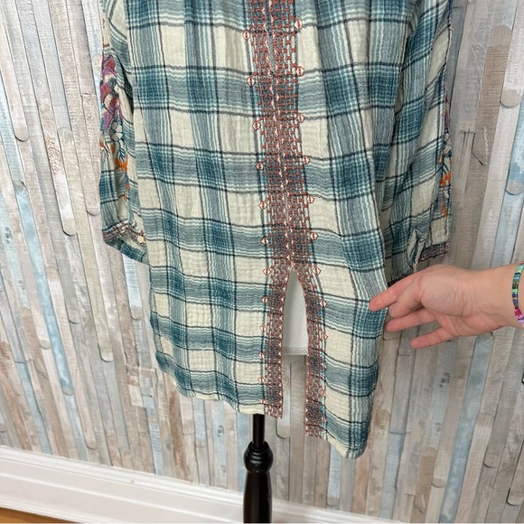 Johnny Was L Gauzy Teal Plaid Floral Embroidered Blouse Top Shirt Boho - Picture 7 of 11